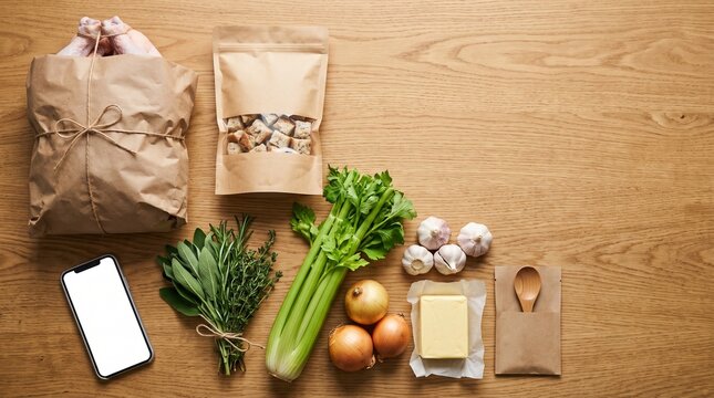 Thanksgiving turkey stuffing ingredients with herbs celery onions garlic and blank smartphone, copy space
