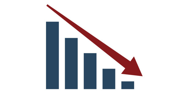 Decreasing bar chart with a red arrow pointing down, representing financial loss, crisis, or economic recession.