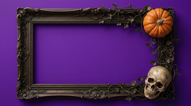 Halloween frame with pumpkin and skull on purple background
