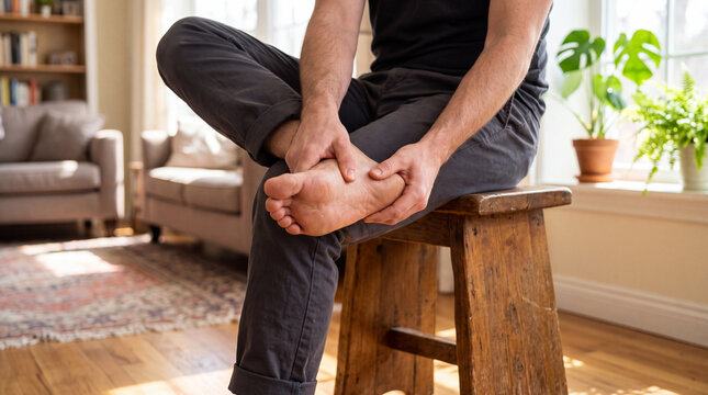 Man massaging sore foot while sitting on wooden stool at home