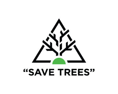 Save trees concept graphic featuring a stylized tree inside a triangle shape
