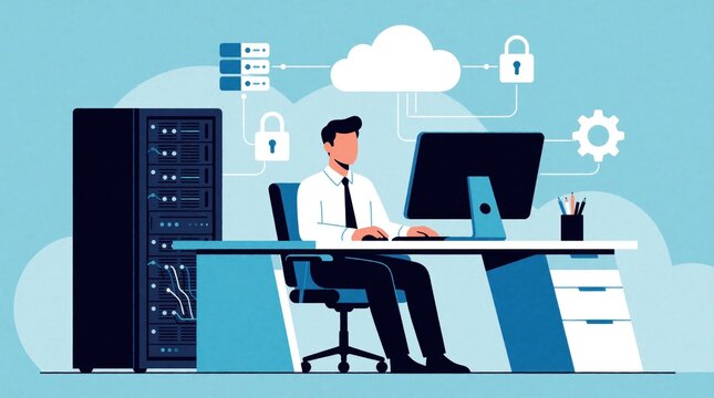 specialist works at desk with computer, server rack. Male technician manages cloud computing data, network security in modern office. System administrator uses digital technology for cyber