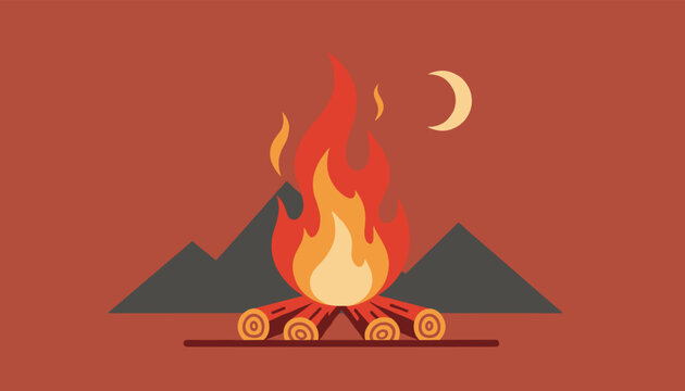 Vector illustration of a cozy camp fire or bonfire with burning logs under the crescent moon and mountains in the background.