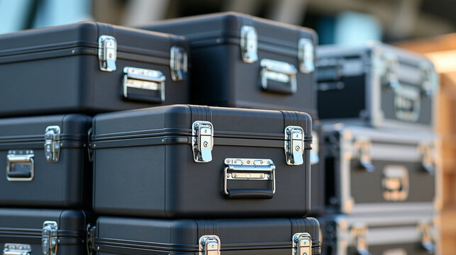 Stacks of rugged black road cases containing audio and video equipment backstage, loading and transportation concept, touring production logistics, professional event