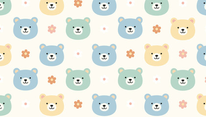 Obraz premium Adorable seamless pattern featuring cute cartoon teddy bear faces in pastel colors and small flowers on a beige background.