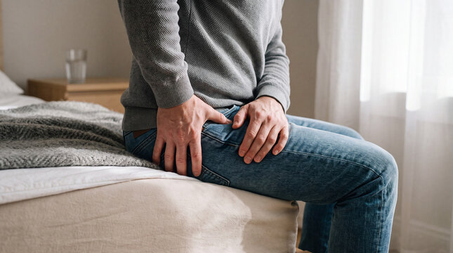 Man sitting on bed holding his hip in pain experiencing joint ache