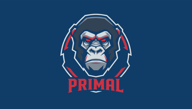 Esports mascot logo of a fierce gorilla head with red details and the word primal, isolated on a dark blue background.