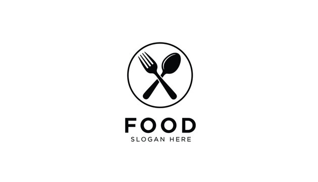 Minimalist restaurant logo featuring a crossed fork and spoon inside a circle with the text food slogan here below.