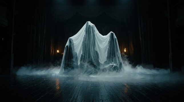 Three mysterious figures standing on a dark stage covered by a single white translucent fabric sheet