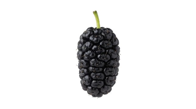 Single ripe black mulberry fruit isolated on white background, high resolution macro shot of fresh organic berry for healthy food photography