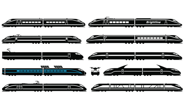 Silhouettes of modern high speed passenger trains and bullet trains displayed in various designs on white.