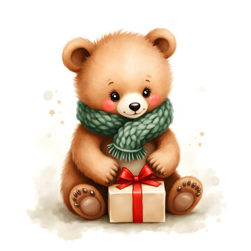 Teddy bear green scarf gift box, sitting sweetly with rosy cheeks on snowy background