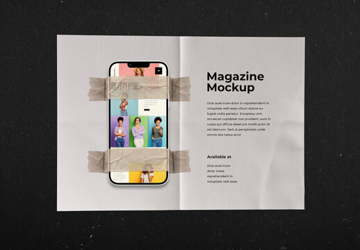 Open Magazine Spread with Smartphone Mockup and Adhesive Tape