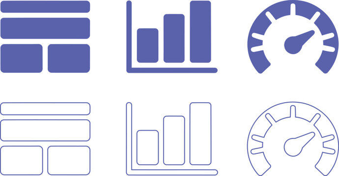 Data charts and speedometers featuring solid and linear blue icon sets.