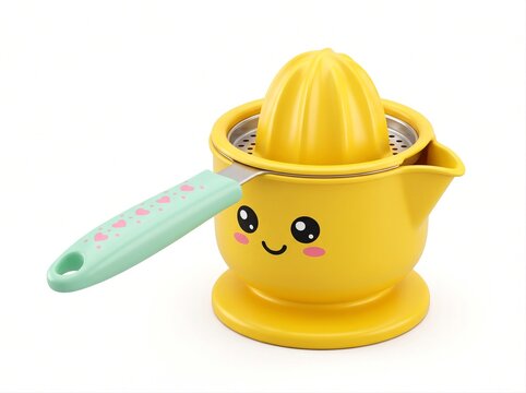 Yellow citrus juicer with cute kawaii face with green handle decorated decorated small pink smiley face pastel