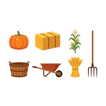 Set of cute farm icons featuring a pumpkin, hay bale, corn stalk, basket, wheelbarrow and pitchfork