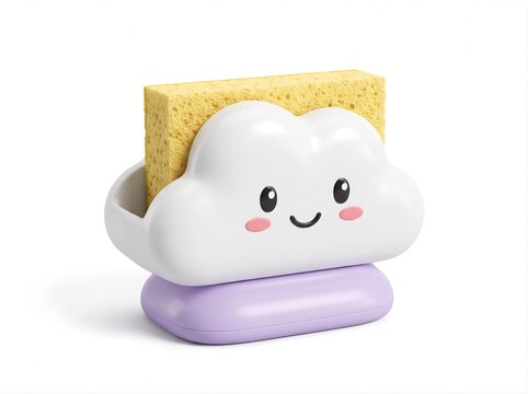 Cute cloud shaped sponge holder with a happy kawaii face for kitchen sink with sponge white background smiling face holding