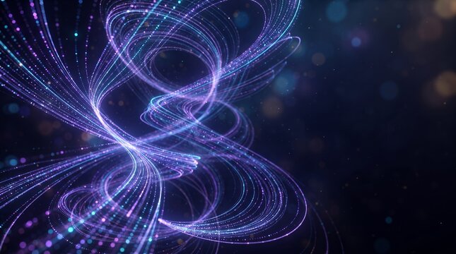 A futuristic digital visualization showcases swirling light trails forming intricate cosmic patterns against a dark space background