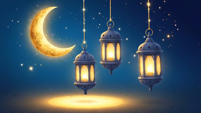 Ramadan kareem background, with glowing lanterns, and crescent moon, night sky animation