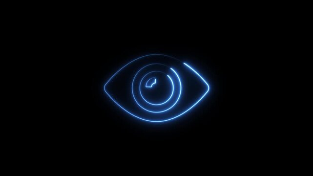 Blue neon eye symbol with glowing concentric circles