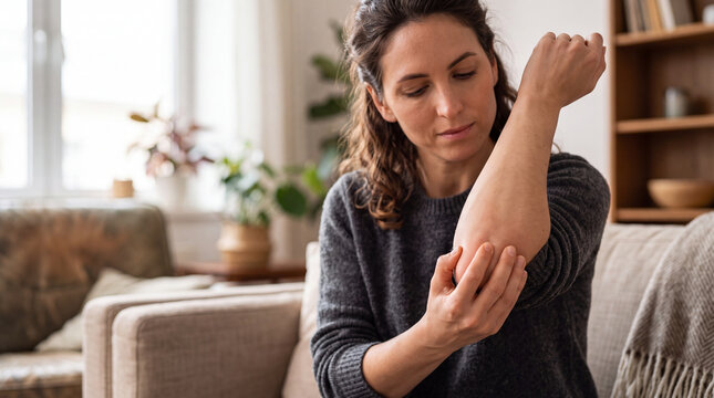 Woman sitting on a sofa rubbing her painful elbow joint indoors