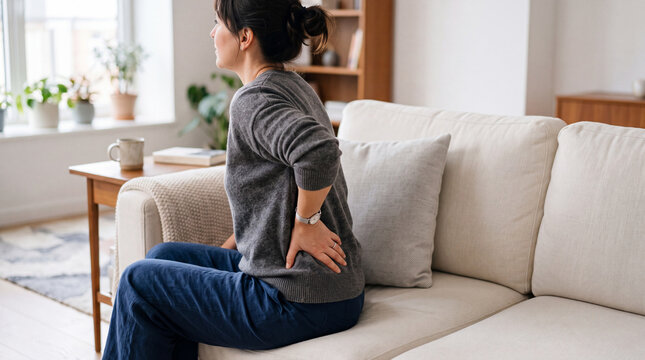 Woman sitting on sofa suffering from lower back pain at home