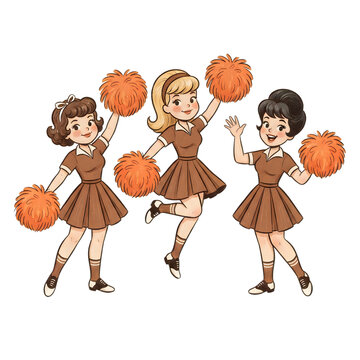 Four cheerleaders jumping with pom-poms in colorful uniforms