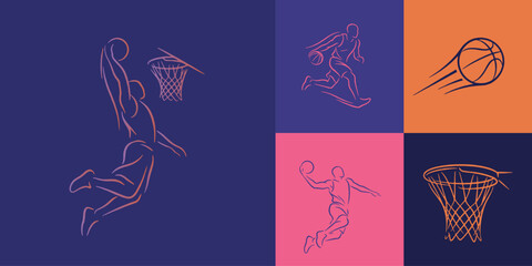 Obraz premium Dynamic Line Art Illustrations of Basketball Players in Action and a Hoop.