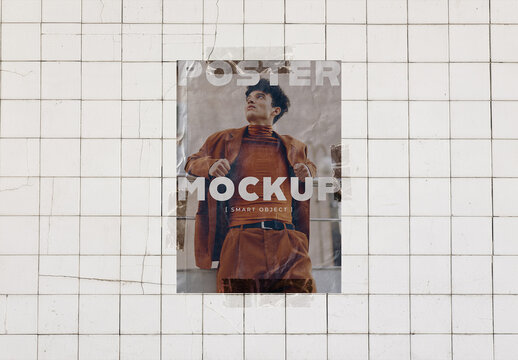 Glued Poster Mockup on White Tiled Wall