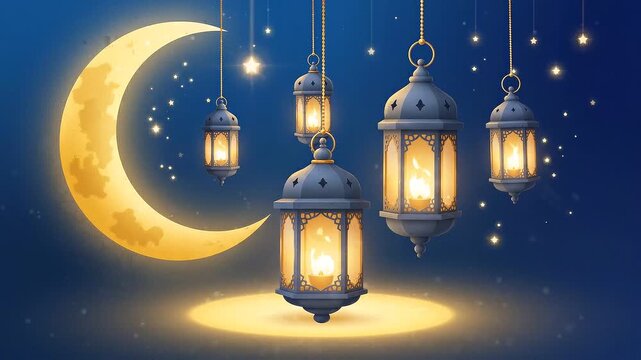Ramadan kareem lanterns with glowing crescent moon and stars background, for islamic celebration