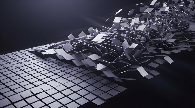 Abstract modular grid breaking apart into floating metallic square tiles
