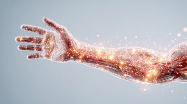 realistic medical conceptual visualization of a human hand and forearm with translucent skin, tiny glowing glucose particles circulating through