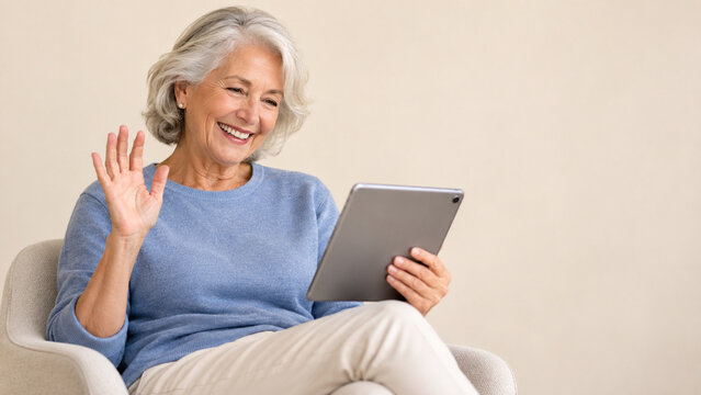 Senior woman smiling during a video call while holding a tablet against a soft cream background
