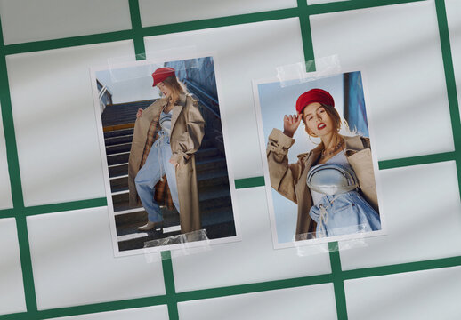 Vertical Photos with Clear Tape on Ceramic Tiles Mockup