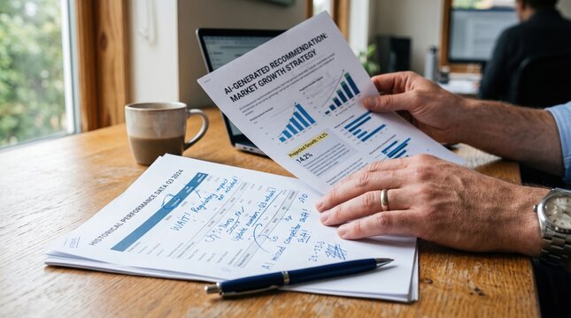 Professional comparing AI generated market growth strategy with historical performance data while reviewing financial documents and handwritten notes on a wooden office desk.