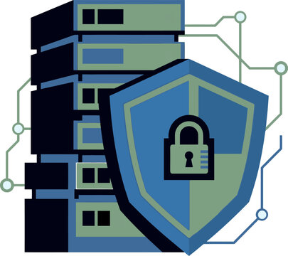 Data center server rack cybersecurity shield padlock vector graphic
