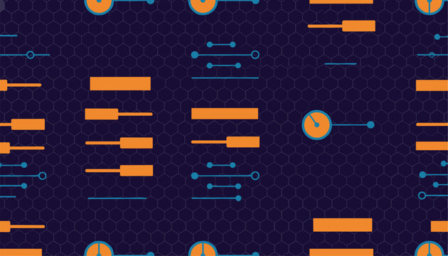 Futuristic dark purple technical background featuring hexagonal grids orange circuit lines and speed gauges.
