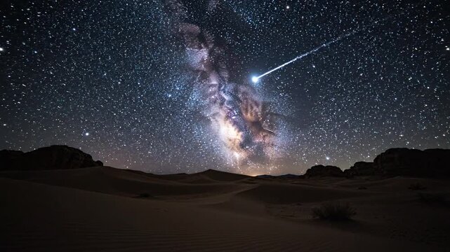 Vast desert landscape under a breathtaking starry night sky with the Milky Way galaxy