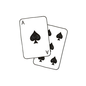 Two playing cards ace and five of spades on top of each other