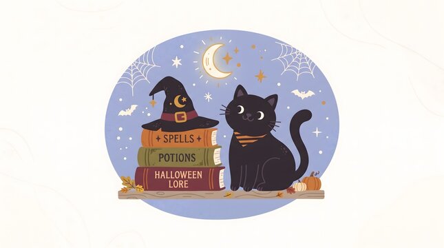 Black cat reading halloween lore books with witch hat and potions for spooky season celebration