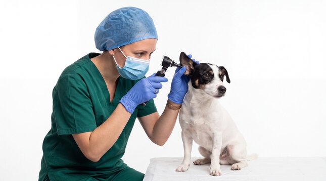 Female veterinarian examining dog ear with otoscope in modern clinic on white background