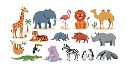 Fototapeta premium Cute wild animals cartoon character sticker set featuring safari zoo and jungle wildlife icons collection on white background