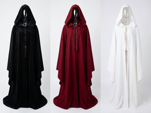 Three Velvet Hooded Cloaks in Black Red and White Displayed on Mannequins for Fantasy Costume Design