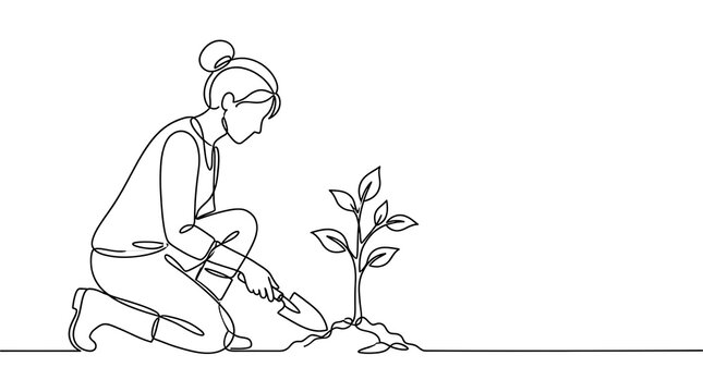 Single line art drawing of a person kneeling and planting a young sapling in soil with planting gardener gardening environment
