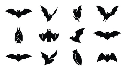 Fototapeta premium Various black silhouette bats in different flying and hanging poses