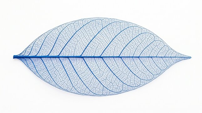 Detailed blue skeleton leaf showing intricate vascular system patterns photographed closely on white background