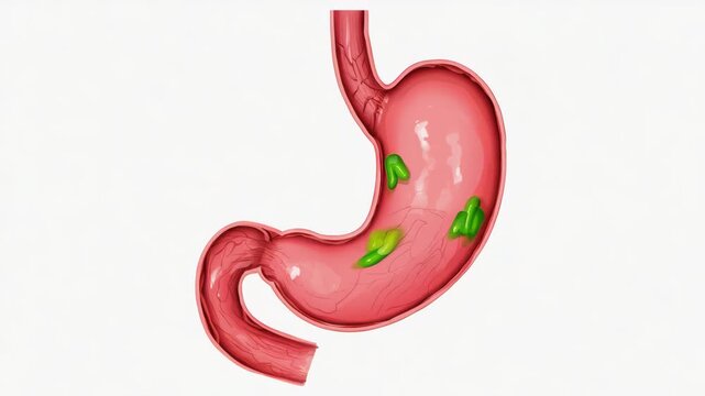 3D medical anatomy of a human stomach showing green capsules inside for digestive treatment concept
