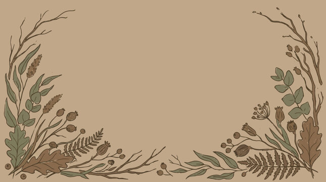 Autumn floral frame background illustration with dried branches and leaves