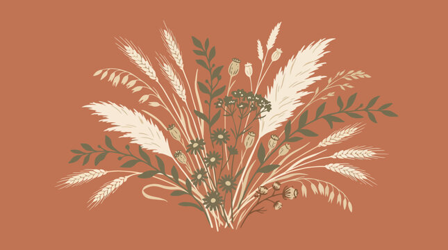 Autumn Dried Floral Bouquet Illustration with Wheat and Pampas Grass