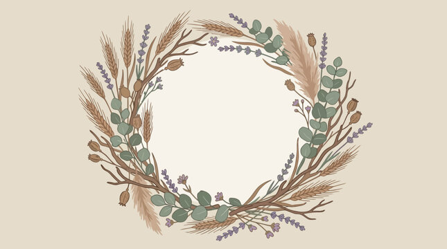 Bohemian wreath of dried flowers and eucalyptus leaves